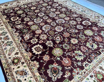 Handmade Afghan Volayati Wool Rug, Double Knotted Burgundy Floral Area Rug, Large Low Pile Carpet, 359 x 263 cm