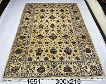 Handmade Rug Wool 300 x 216 cm | Afghan Mamluk Area Rug, Ivory Red Teal Floral