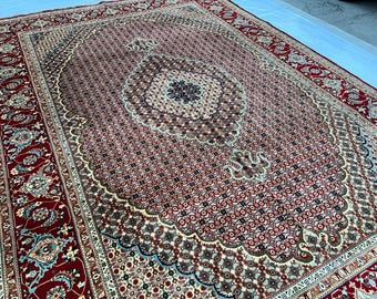 Square Wool Rug 12'2" x 8'4" ft, Afghan Volayati Area Rug, Red Ivory Navy