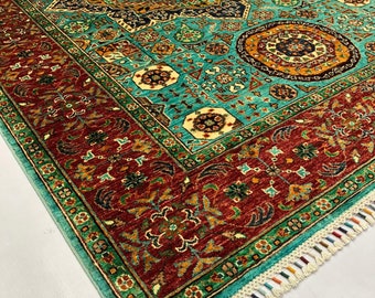 6x8 Feet Top Quality Mamluk Handmade Afghan Rug, Persian Designed from Tribal Ghazni | Living room Carpet, Green Colored