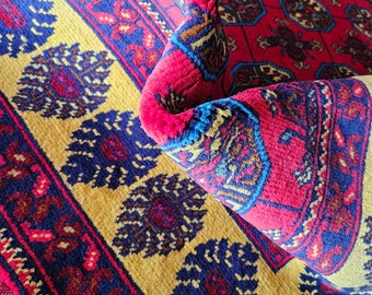 Bokhara Yellow Red Well-made Soft Afghan Handmade Rug, Bokhara Rug, Oriental Boho Rug, Vintage Art Deco Rug, Bohemian Oushak Rug, Etsy Rug
