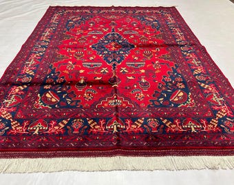 Indian Wool Rug 6'9" x 5'3" ft Afghan Volayati Medallion Area Rug, Red Navy Ivory