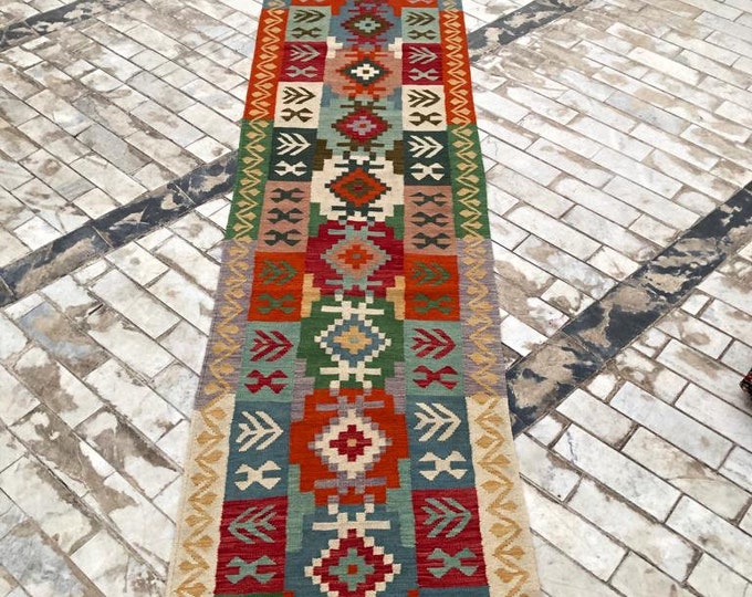 2'8x16'3 Afghan Wool Kilim, persian rug, rag rug, kids rug, modern rug, rug pad, hand made rug, nomadic rug, area rug, medallion era rug