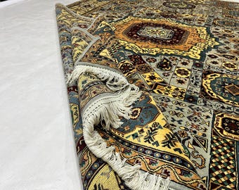 Round Wool Rug 305 x 205 cm | Afghan Volayati Area Rug, Herat Medallion, Gold Teal