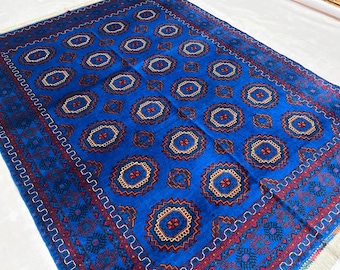 Wool Textile Art 240 x 177 cm, Afghan Volayati Area Rug, Blue Medallion
