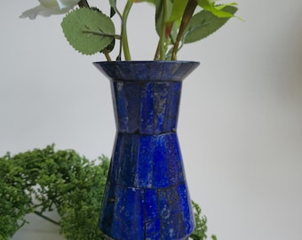 Handmade Patchwork Lapis Lazuli Vase, Afghan Blue Stone Vase 17 x 8 cm, Natural Gemstone Inlay Home Decor, Unique Persian Style Gift