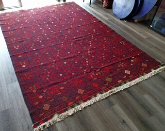 Brand new well-made Sumac Red Afghan hand-woven kilim rug, Area interior rug, Floor Red, Living room size rug, Traditional Wool Red Rug
