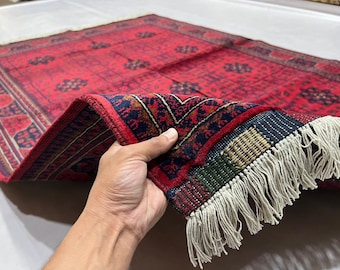 Wool Textile Art 6'10" x 4'12" ft | Afghan Beljik Area Rug, Red Navy