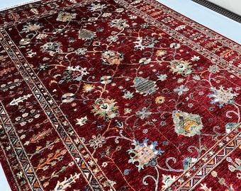 Striped Wool Rug 288 x 217 cm | Afghan Mamluk Area Rug, Red Floral Medallion