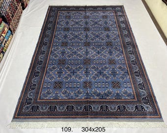 Oval Wool Rug 300 x 200 cm | Afghan Volayati Area Rug, Blue Navy Terracotta, Double knotted