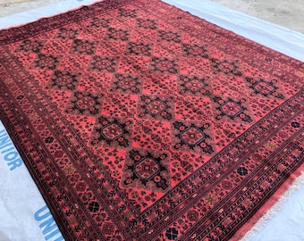 8x11 Afghan rug, persian rug, hand knotted rugs, scandinavian decor, rug oriental rug, red rug, afghan rugs, gift to her, gift to him, decor