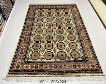 Striped Wool Rug 295 x 204 cm | Afghan Volayati Area Rug, Herat Medallion