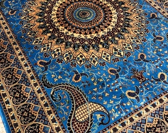 5x7 handmade high-quality area rug well-knotted afghan rug, floor carpet, Persian rug, oriental bohemian rug, navy blue soft wool carpet