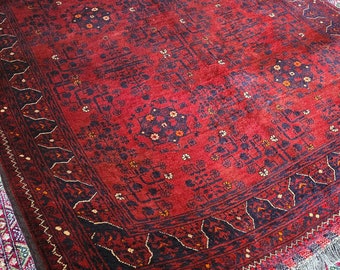 Red Bokhara Rug, Soft Turkmen Area Rugs Living Room Bedroom Entryway Luxury Kitchen kids room Geometric Handmade rug, Persian rug Afghan rug