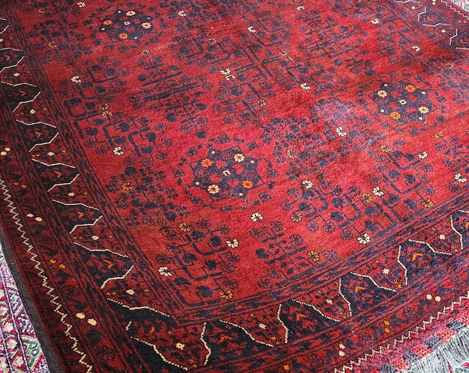 Red Bokhara Rug, Soft Turkmen Area Rugs Living Room Bedroom Entryway Luxury Kitchen kids room Geometric Handmade rug, Persian rug Afghan rug