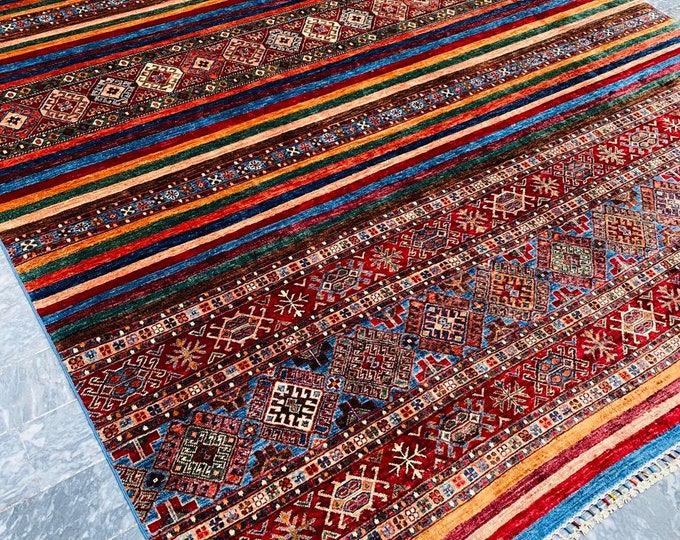 8x11 Feet Top Quality Mamluk Handmade Afghan Rug, Persian Designed from Tribal Ghazni | Living room Carpet, Neon Colored