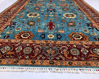 7x10 Feet Blue Mamluk Afghan Handmade Rug, Turkish Designed Carpet, bathroom rug, afghan rugs, door mat rug, blankets, small rug, wedding