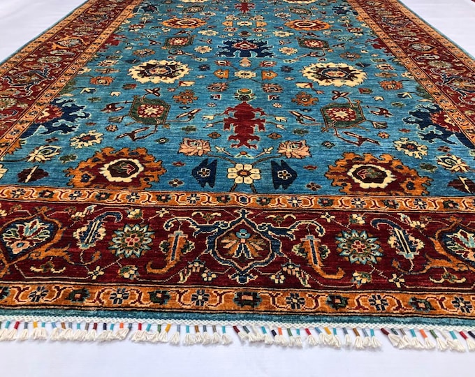 7x10 Feet Blue Mamluk Afghan Handmade Rug, Turkish Designed Carpet, bathroom rug, afghan rugs, door mat rug, blankets, small rug, wedding