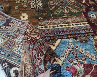 Blue Rug Persian Design Living Room Size Merinos Afghan Handmade Rug Made with SOFT Wool of Sheep with Vibrant Colors