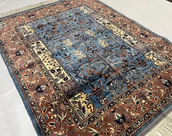 Wool Rug 6'9" x 5'1" ft | Afghan Volayati Area Rug, Blue Rust, Double knotted, Fine quality Rug
