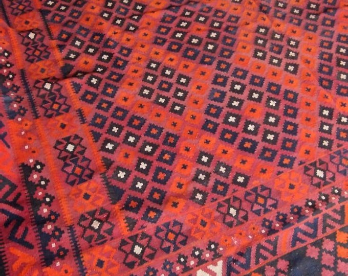Vintage Rug 9'6X15'6 Ft  Big Size Afghan Maimana Red Kilim Rug with Beautiful colors Geometric Design Handwoven Flat woven Living room Rug