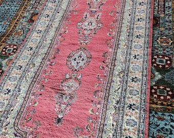 Well-made Pink Hand Knotted Low Pile Vintage Persian Design runner rug, Pink Runner Rug, Antique Runner Rug, Afghan Herati runner rug