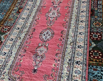 Well-made Pink Hand Knotted Low Pile Vintage Persian Design runner rug, Pink Runner Rug, Antique Runner Rug, Afghan Herati runner rug