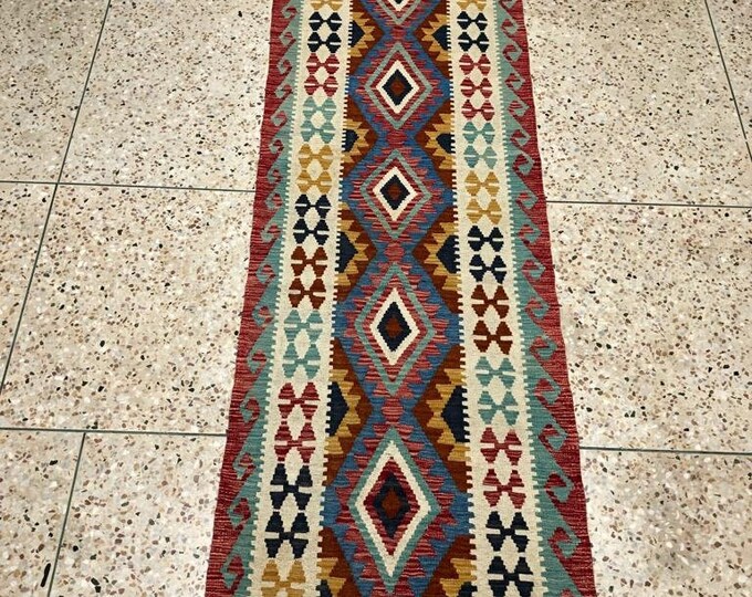 2'4x9'4 afghan wool kilim, teal rug, turkish rug, area rug, bohemian rug, vintage rug, moroccan rug, kilim rug, boho rug, rug runner
