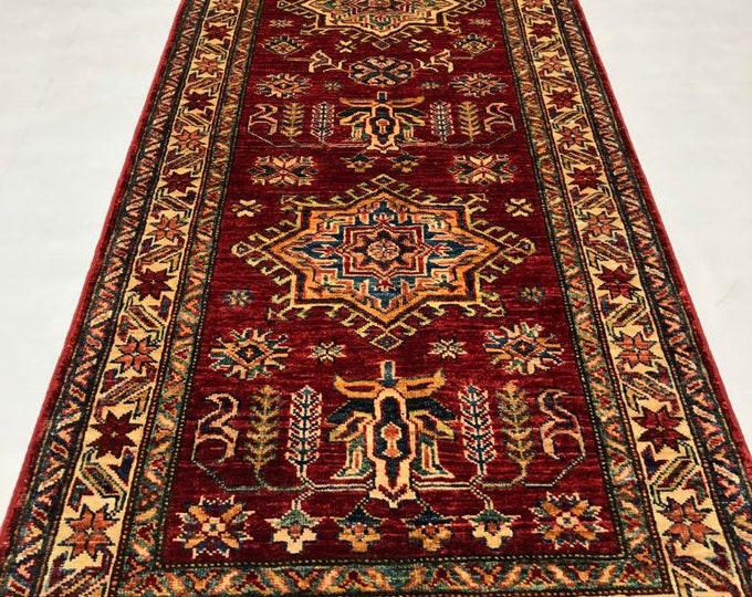 3x9 Feet Runner Kazak Handmade Afghan Rug, 100% made of Wool