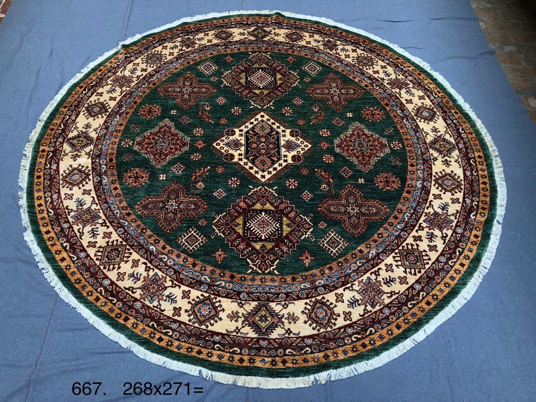 9 Feet Diameter Afghan Chobi Rug, Circle Circular Round Rug, Hooked ...