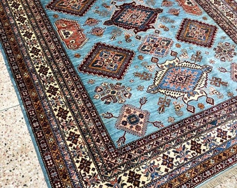 8x10 Feet Kazak Afghan Handmade Rug, Turkish Designed Carpet