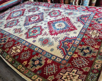 Kazak Rug 6.8X9.9 Ft dusty rose rug, wall hanging, rug runner, decorative rug, abstract accent rug, bedroom rug,teal rug, living room rug