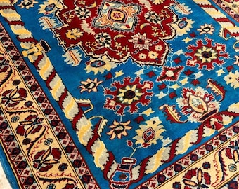 5x7 handmade high-quality area rug well-knotted afghan rug, floor carpet, Persian rug, oriental bohemian rug, navy blue soft wool carpet
