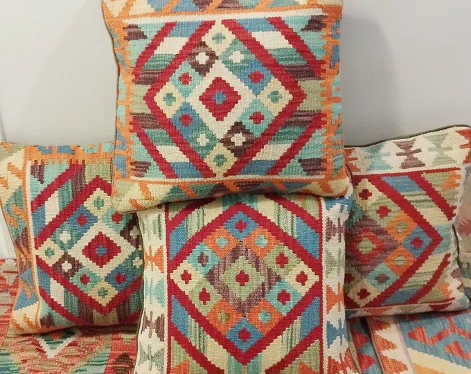Set of 4 Handmade 14 In woollen cushion covers,Throw Pillow Set, Bohemian Pillow Covers,Throw Pillow,Kilim Pillow Cover, Moroccan pillow