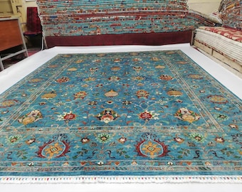 10x8 Feet Top Quality Mamluk Handmade Afghan Rug, Persian Designed from Tribal Ghazni | Living room Carpet, Green Colored