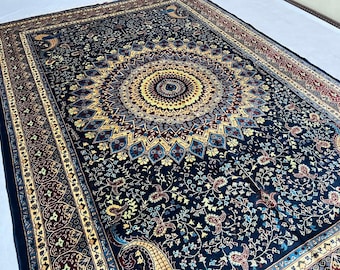 Persian Wool Rug 9'11" x 6'9" ft, Afghan Volayati Area Rug, Navy Gold Medallion