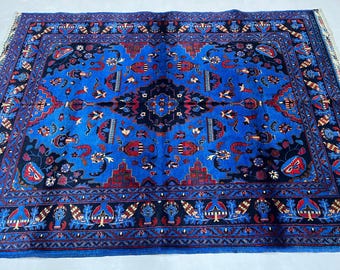 Neutral Wool Rug 6'7" x 4'11" ft, Afghan Volayati Blue Medallion Area Rug