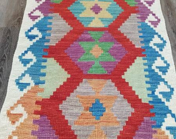 Runner Afghan woolen kilim, Kilimrug, Geometric rug, bedroom rug, Hallway runner, Rug Runner, Colorful runner Kilim, Persian kilim Runner