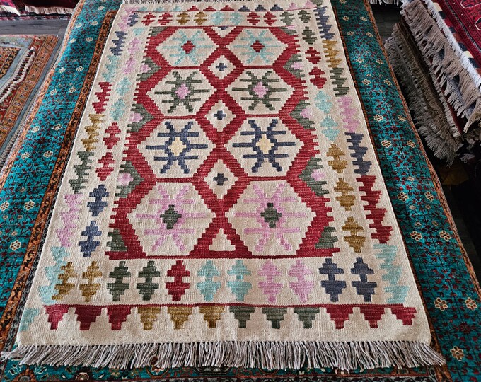 3x5 Kilim rug Afghan Wool Kilim, anniversary, Gift For Mom, bedroom rug, Christmas Gift, Valentine's gift, fluffy office rug, Sustainable