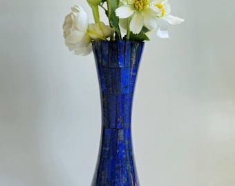 Handmade Patchwork Lapis Lazuli Vase, Afghan Blue Stone Vase 23 x 8 cm, Natural Gemstone Inlay Home Decor, Unique Persian Style Gift