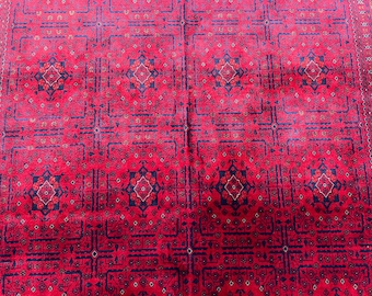 Round Wool Rug 305 x 205 cm | Afghan Handmade Beljik Area Rug, Red Navy Geometric