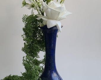 Handmade Patchwork Lapis Lazuli Vase, Afghan Blue Stone Vase 26 x 11 cm, Natural Gemstone Inlay Home Decor, Unique Persian Style Gift