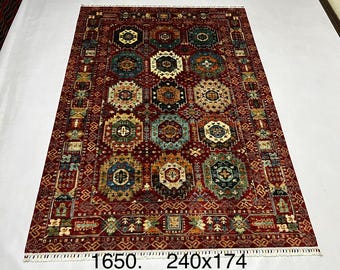 Large Area Rug 7'10" x 5'9" ft | Afghan Mamluk Wool Red Multi