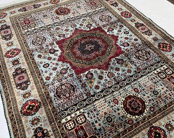 Moroccan Wool Rug 7'10" x 5'11" ft | Afghan Volayati Area Rug, Blue Red Medallion