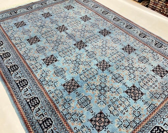 Oval Wool Rug 300 x 200 cm | Afghan Volayati Area Rug, Blue Navy Terracotta, Double knotted