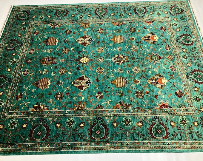 10x8 Feet Top Quality Mamluk Handmade Afghan Rug, Persian Designed from Tribal Ghazni | Living room Carpet, Green Colored