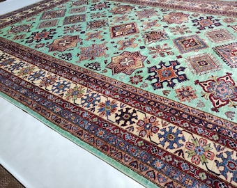 9x12 Afghan Kazak Rug – Hand-Knotted Wool Carpet with Mint Green & Tribal Motifs