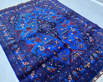 Braided Wool Rug 6'8" x 4'12" ft | Afghan Volayati Area Rug, Blue Navy Red