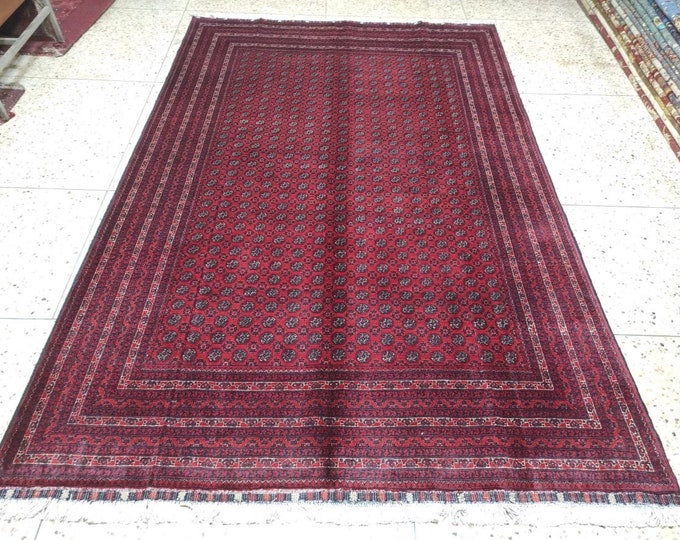 7X10 Ft Afghan Famous Khojaroshnai well-made Handknotted Red Blue Morigol Rug, Bokhara Rug