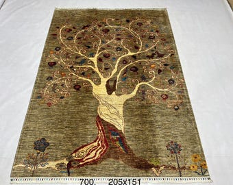 High-quality, extremely soft wool of sheep hand-knotted Afghan rug in design of three of life.
